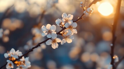 Poster - Delicate White Cherry Blossom Flowers Illuminated by the Warm Glow of Sunset in Spring : Generative AI