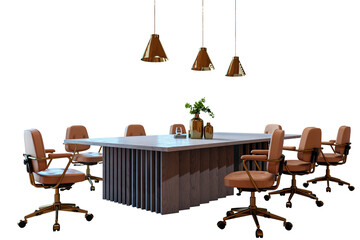 Poster - Office furniture set with wooden table, brown leather chairs, and golden pendant lights, isolated on white background. Elegant interior design element. 3D Rendering.