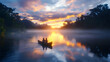 © Nadiyah - Couple canoes at sunrise, jungle river, misty, peaceful
