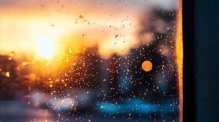 Aufkleber - Raindrops on window pane at sunset creating a tranquil and reflective atmosphere during twilight hours : Generative AI