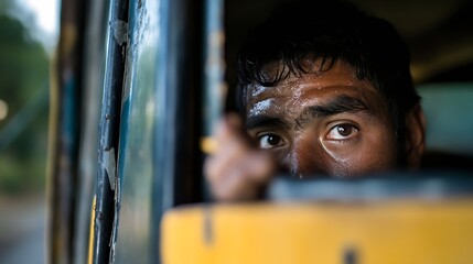 Poster - Close up of a young man's intense gaze from a bus window on a sunny day : Generative AI