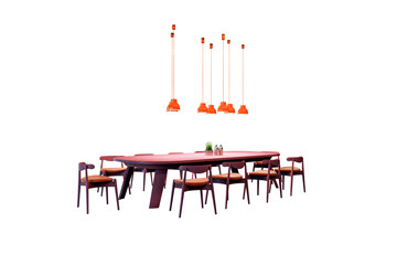 Poster - Dining table with wooden chairs and orange pendant lights, isolated on white background, modern interior furniture concept. 3D Rendering.