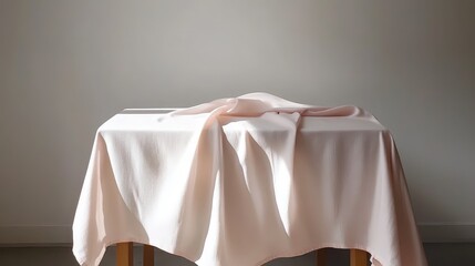 Poster - Soft cotton tablecloth in muted pastel tones, draped over a wooden table, enhancing a simple and elegant setting.