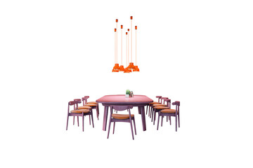Poster - Contemporary dining setup with wooden chairs, a sleek table, and hanging pendant lights, isolated on white background. Interior design concept. 3D Rendering.