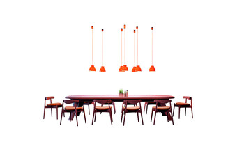 Poster - Elegant dining table with wooden chairs and orange pendant lights, isolated on white background. Stylish interior furniture element. 3D Rendering.