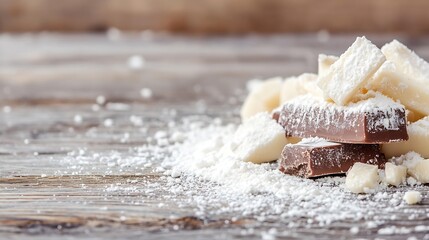 Poster - Delicious assortment of chocolate pieces with powdered sugar on rustic wooden table : Generative AI