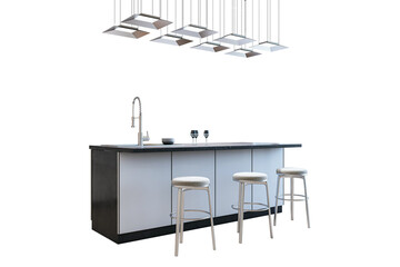 Poster - Contemporary kitchen island with stools and stylish lighting, isolated on a white background. Sleek design for modern interior inspiration. 3D Rendering.
