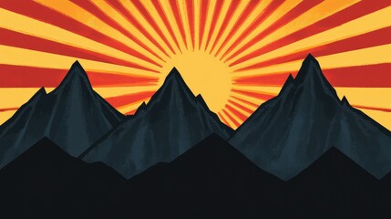 Poster - sunset behind a mountain range, with a warm golden glow and dark silhouettes of the peaks, leaving s