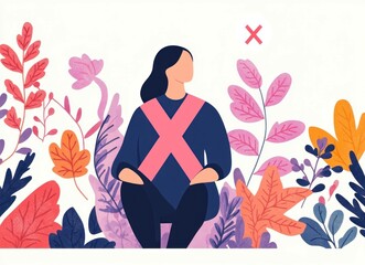 Canvas Print - A modern illustration of a woman in a cozy sweater surrounded by vibrant autumn leaves, expressing calmness and introspection with a warm color palette