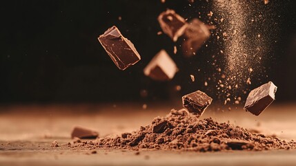 Aufkleber - Delicious Dark Chocolate Pieces Falling Over Cocoa Powder on a Wooden Surface : Generative AI