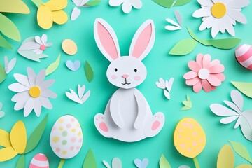 White paper bunny sitting on a turquoise background surrounded by colorful paper flowers and Easter eggs celebrating Easter