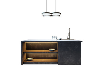 Poster - Kitchen island with open shelves, sink, and pendant lights, featuring a sleek modern design, isolated on white background. 3D Rendering