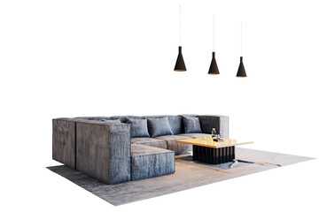 Poster - Grey sectional sofa with cushions, wooden coffee table, and black pendant lights on a white background. Modern interior furniture layout. 3D Rendering