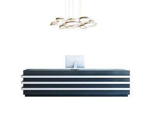 Leinwandbilder - Contemporary reception desk with computer and elegant ceiling light, isolated on a white background. Minimalist interior furniture design element. 3D Rendering.