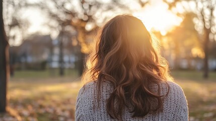 Poster - Woman Sitting in the Park with Sunlight Glowing through Trees at Sunset : Generative AI