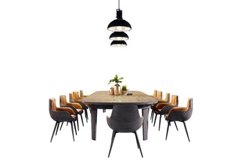 Poster - Wooden dining table with cushioned chairs and hanging pendant light, isolated on white background. Elegant interior furniture concept. 3D Rendering.