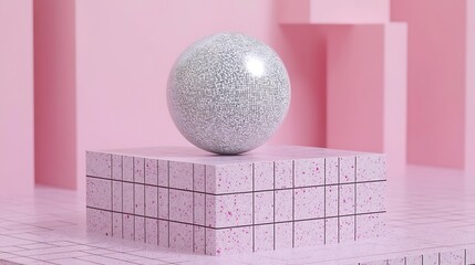 Wall Mural - A patterned sphere rests on a pink tiled cube