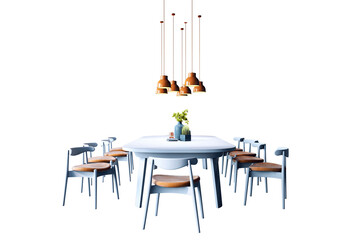 Poster - Elegant dining table with matching chairs and pendant lights, isolated on white background. Contemporary interior furniture design element. 3D Rendering.