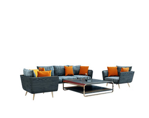 Poster - Modern gray fabric sofa set with orange pillows, wooden coffee table, and armchairs. Isolated on white background. Interior furniture concept. 3D Rendering.