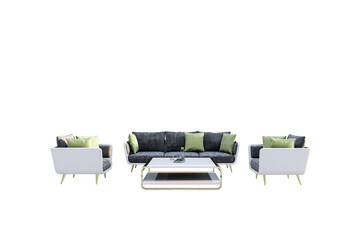 Poster - Stylish modern sofa set with armchairs and coffee table, featuring green cushions on a white background. Elegant interior furniture design. 3D Rendering