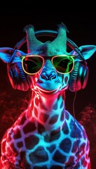 Wall Mural - Cool Neon Party Dj Giraffe Wearing Headphones And Sunglasses, Immersed In Vibrant Colors