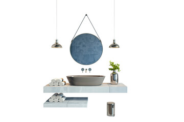 Poster - Modern bathroom layout with floating sink, round mirror, pendant lights, and decor items on white background. Clean and stylish interior design. 3D Rendering.