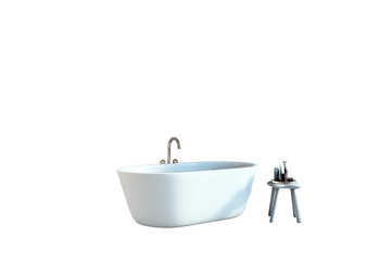 Poster - Elegant bathroom interior element, modern bathtub and stool with essentials, isolated on white background. 3D Rendering
