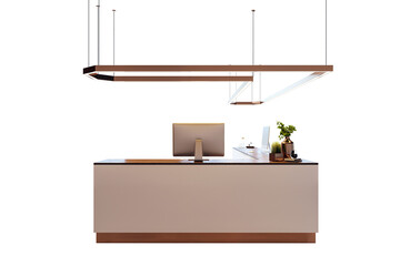 Poster - Stylish reception desk with computer, decor, and suspended lights on white background. Modern interior furniture element. 3D Rendering
