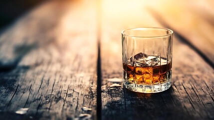 Poster - Refreshing Glass of Whiskey with Ice on Rustic Wooden Table in Natural Light : Generative AI