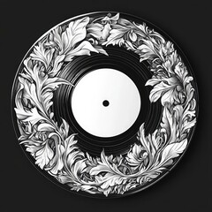 A black vinyl record with an ornate, grayscale acanthus leaf border encircling a white label. The design is detailed and intricate, suggesting a high level of artistic skill