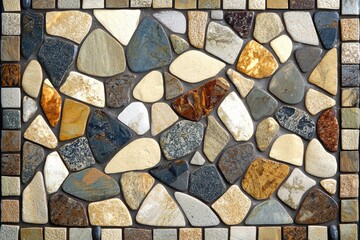 Poster - A framed mosaic of assorted, smooth stones with a variety of colors and patterns creating an organic, textured surface, top view, decorative panel.