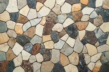 Poster - A mosaic wall of irregularly shaped stones in earth tones creates a rustic and textured surface, ideal for backgrounds and natural design elements, top view.