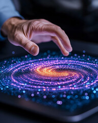 Wall Mural - hand interacting with galaxy hologram on tablet
