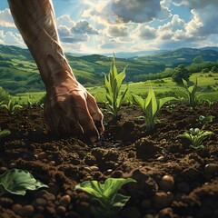 Wall Mural - hands carefully planting corn seeds in rich dark s ffeccefafaaee AI generated illustration