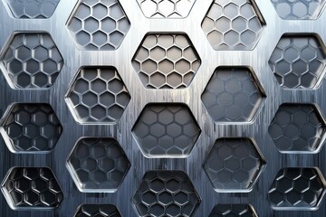 Poster - A complex, repeating hexagon pattern with honeycomb infill, rendered in metallic greys and silvers, creating a futuristic, technological, industrial texture and design.