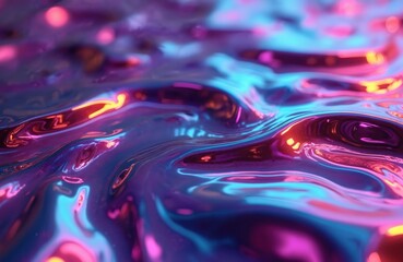Poster - iridescent fluid substance with ripples. metallic leak backdrop. futuristic viscous surface with neo