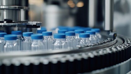 Poster - Automated Bottling Process:  High-Speed Conveyor System Precisely Fills and Caps Clear Bottles with Blue Lids Efficiently in Factory.
