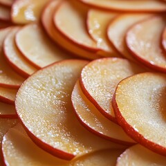 A close-up of apple slices, glistening with freshness and ready to be used in a pie.