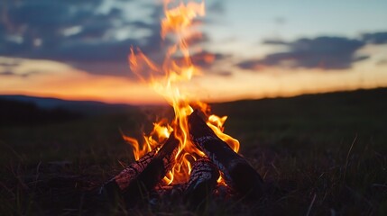 Leinwandbilder - Beautiful campfire glowing against a stunning sunset backdrop in an outdoor setting : Generative AI