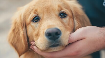 Poster - Adorable golden retriever puppy looking curiously at the camera with soulful eyes : Generative AI