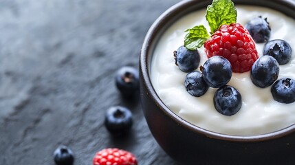 Poster - Delicious bowl of yogurt topped with fresh blueberries and raspberries garnished with mint : Generative AI