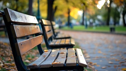 Poster - Serene park bench scene with fallen leaves on wooden seats in a peaceful urban environment : Generative AI