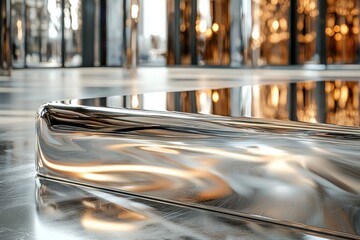 Poster - Close-up of a sleek, modern silver structure with reflected warm light and shadows, creating an abstract and visually appealing architectural detail.