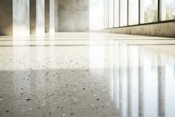 Poster - A bright, sunlit interior featuring a polished concrete floor reflecting light from tall windows and columns, creating an open, modern, and minimalist architectural space.