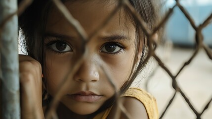 Poster - Intense closeup portrait of a young girl looking through a metal fence with deep expressive eyes : Generative AI