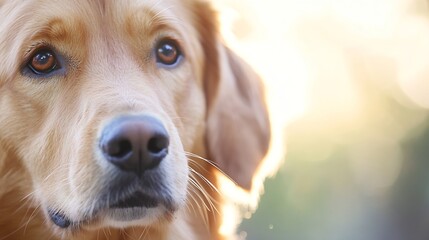 Poster - Closeup of a golden retriever dog looking into the camera with soft lighting around its face : Generative AI