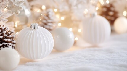 Poster - Beautiful holiday decorations with white ornaments and pinecones creating a festive atmosphere : Generative AI