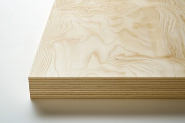 Poster - A detailed view of a light-colored birch plywood sheet against a white background, highlighting the wood grain and layered edge construction.