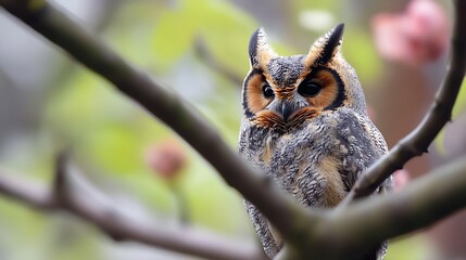 Poster - A majestic owl perched on a branch with intense eyes and intricate feathers blending into the surrounding foliage : Generative AI