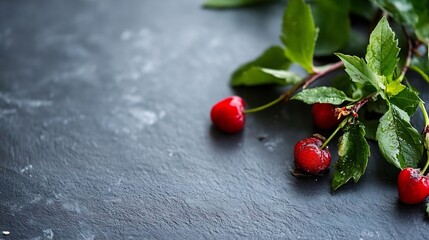 Poster - Fresh cherries on dark stone surface with water droplets showcasing natural freshness and organic beauty : Generative AI